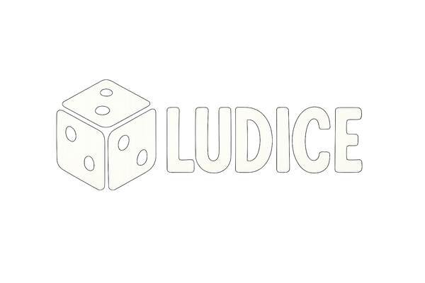 Genera un logo en color blanco, con un dado parado en una de las esquinas, con los lados de 1 2 y 3 puntos visibles. a lado y con letras blancas y grandes como el icono, la palabra Ludice con un estilo de letras ludico y con un estilo genial y moderno.